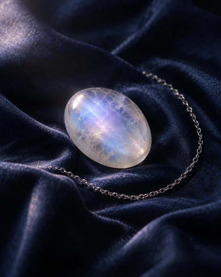 A luminous moonstone and silver chain on indigo silk