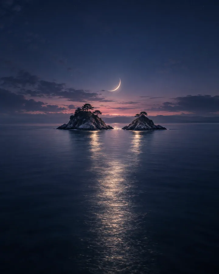 Two rocky islands in a moonlit indigo sea