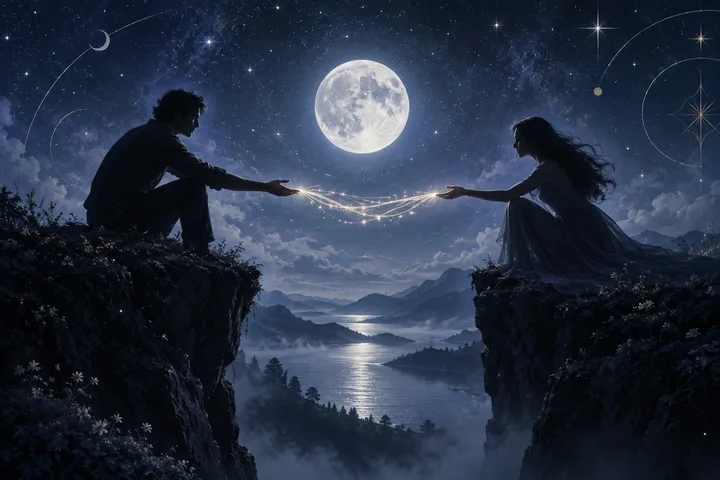 Two figures face each other beneath an illustrative indigo star chart, with an open space between them suggesting a trust breach and the possibility of honest repair.