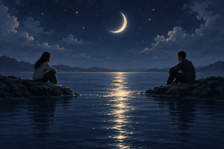 A figure offers a glowing bowl across an indigo celestial gap, illustrating a changed action that begins to rebuild trust.