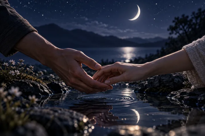 Two hands reach toward each other through cracked glass beneath an indigo moon, evoking patience, repair, and trust rebuilt through ordinary actions.