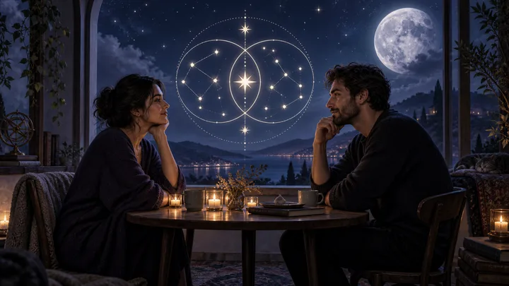 Two people share a contemplative moonlit conversation beneath an illustrative celestial pattern, evoking recognition and mutual participation.