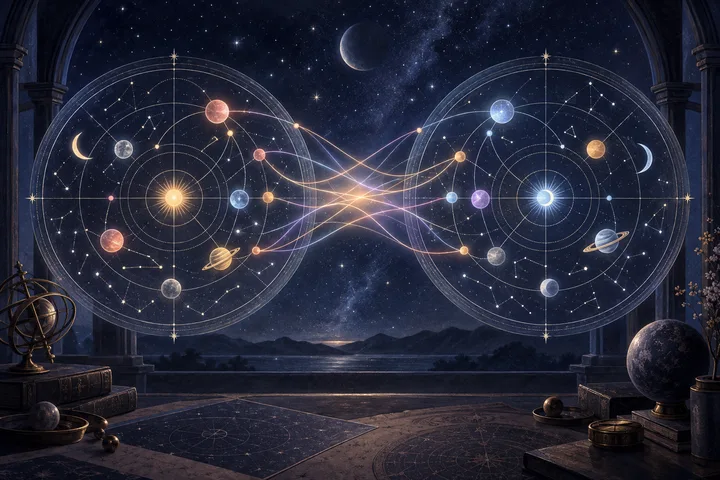 Two symbolic circular star maps face one another and connect through luminous arcs, illustrating synastry as an exchange rather than a score.