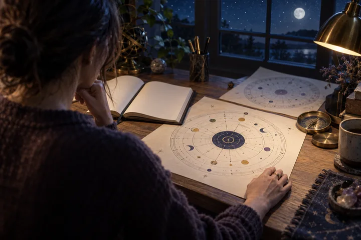 A person studies an abstract illustrative natal-style chart at a moonlit desk, suggesting a natal-first approach before synastry.