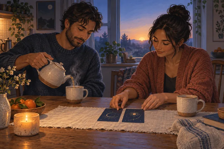 Two people calmly share tea and place symbolic constellation cards side by side at dawn, representing repair, accountability, and a shared future.