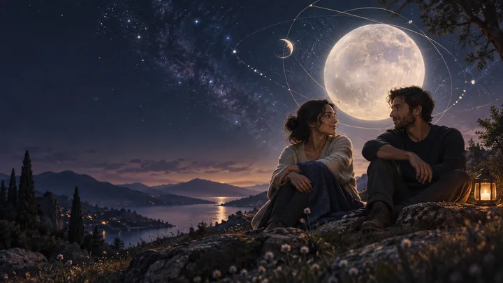 Two people sit together beneath a luminous moon beside a quiet lake, surrounded by subtle orbital lines in a calm indigo night.