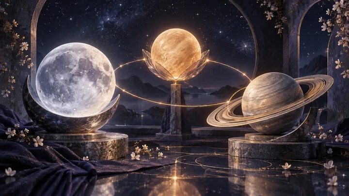 Three luminous celestial forms, a moon, a warm central sphere, and a ringed planet, are linked by fine glowing arcs in an indigo observatory.