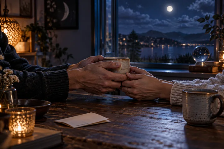 Two people exchange a ceramic cup across a wooden table by a moonlit window, their hands meeting in a warm, quiet gesture of repair.