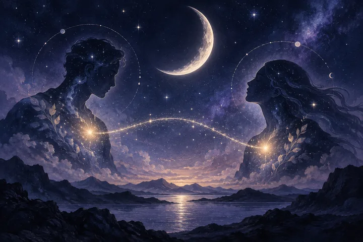 Two figures face a moonlit indigo sky as a constellation forms a bridge between them, suggesting recognition that must become a shared path