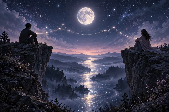 Two people sit on opposite cliffs beneath a full moon, joined by a line of starlight across the ravine