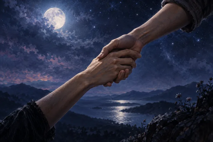 Two hands clasp beneath a full moon and starry sky, suggesting practical support through a difficult passage