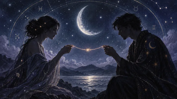 Moonlit indigo figures beneath an illustrative star chart, facing one another across a fine break of light that suggests truth and repair.