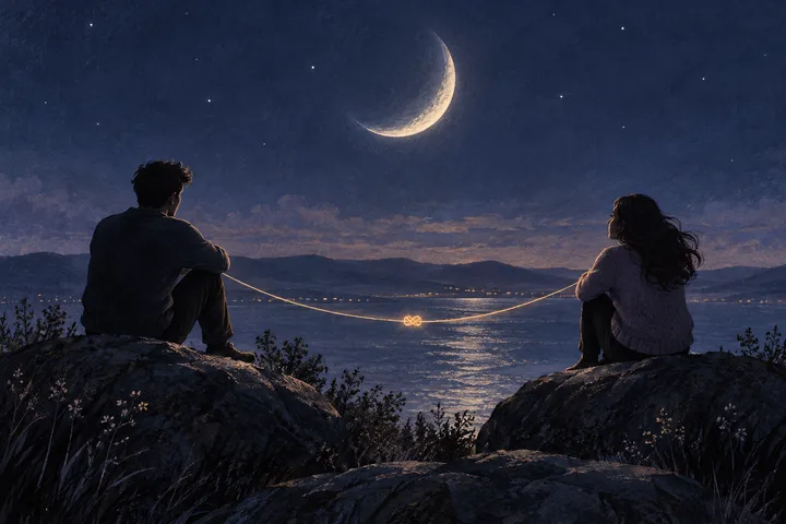 A seated figure on each side of moonlit water faces the other across a glowing thread beneath a crescent moon.