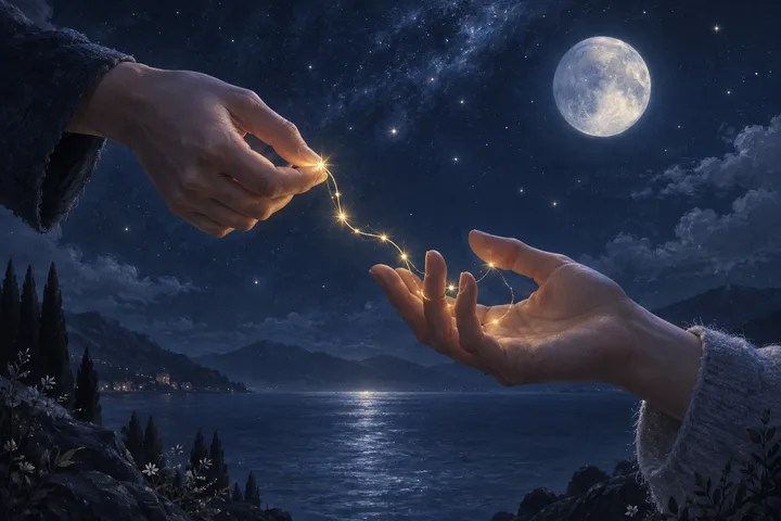 Two hands hold a glowing thread beneath a full moon, an illustrative image of connection held with care.