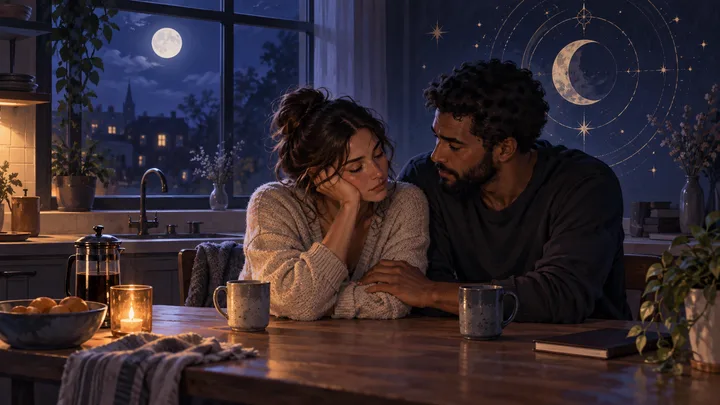 Two tired partners sit together in a moonlit kitchen, holding onto a gentle connection beneath an illustrative celestial motif.