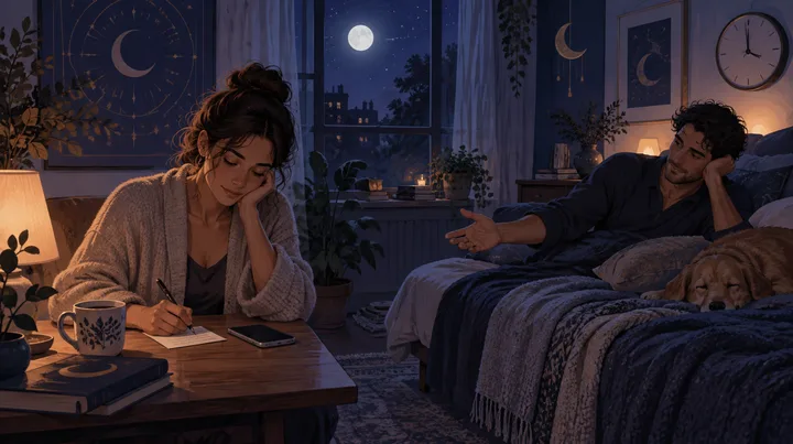 One partner writes a return time while the other offers reassurance from bed in a quiet indigo room at night.