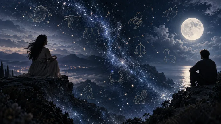 Two silhouetted people sit on rocky cliffs on opposite sides of a star-filled landscape beneath a bright full moon, with constellation drawings across the sky.