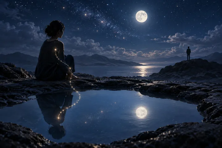 A seated person looks across a moonlit lake toward another person standing on a rocky shore; a bright dotted line follows the seated person's body and reflection.