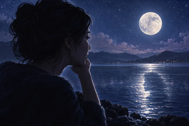 A person in close profile rests their chin on one hand while looking across a moonlit lake toward distant mountains.