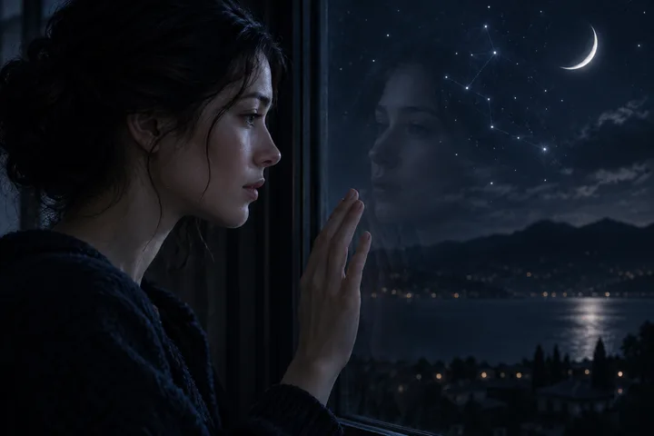 A person touches a window while looking out at a moonlit lake and mountains; their reflection, stars, and a crescent moon appear in the glass.