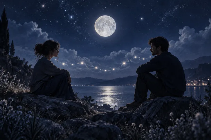 Two seated figures face each other across a mountain lake beneath a crescent moon, stars, and a strand of glowing lights.