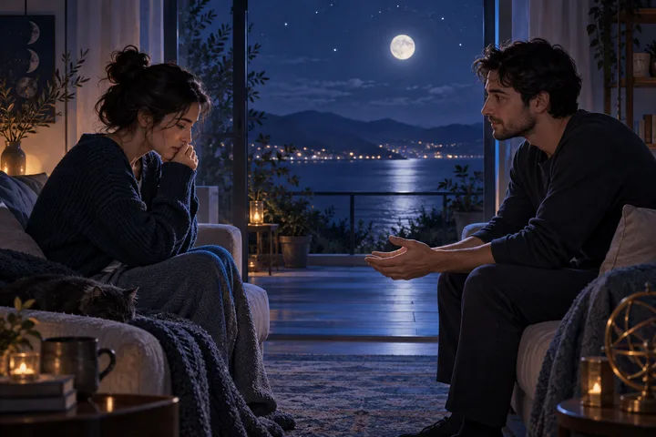 Two seated figures sit apart inside a dark room facing a moonlit lake, with candles in the foreground and glowing lights outside.