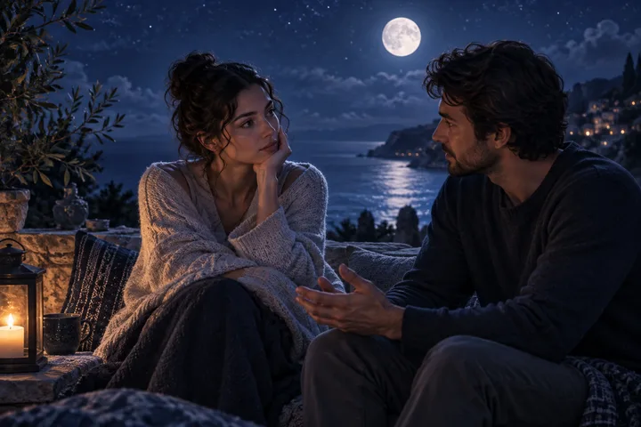 Two figures sit back to back beneath a starry sky, connected by a thin glowing line with a crescent moon in the distance.