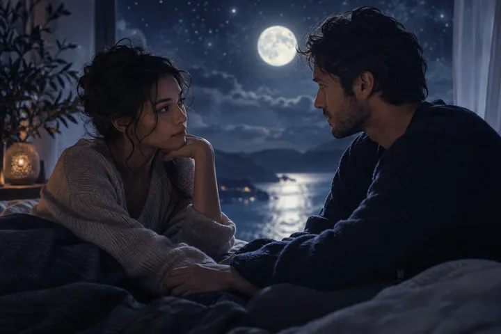 Two seated figures face a moonlit lake from opposite stone seats, beneath a full moon and an arc of small glowing lights.