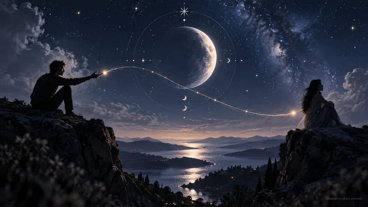 Two figures sit on opposite cliffs beneath a luminous moon, linked by a glowing celestial line across the water.