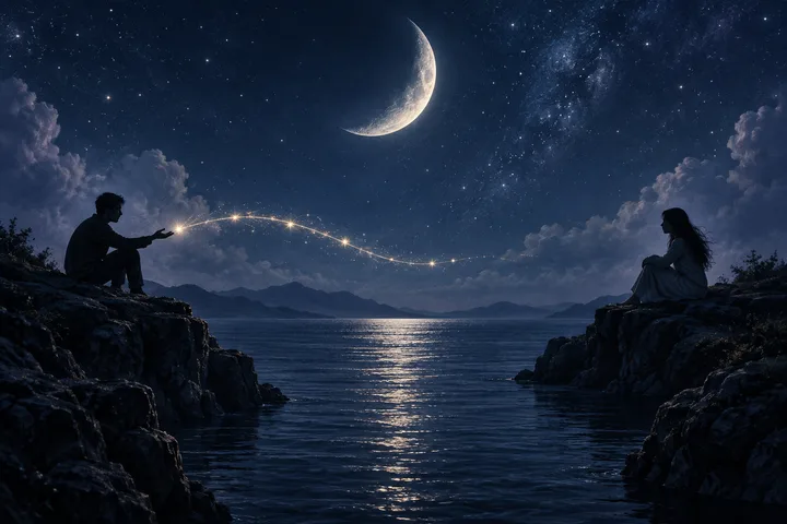 Two figures face each other across dark water while a glowing path of stars curves between them beneath a crescent moon.