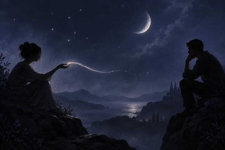 Two figures sit on opposite rocky overlooks, one extending a hand as a thin luminous thread reaches toward the other beneath a crescent moon.