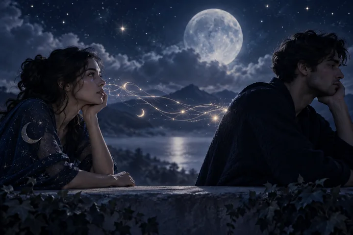 Two people sit side by side at a stone overlook beneath a full moon, connected by fine glowing lines across the night air.