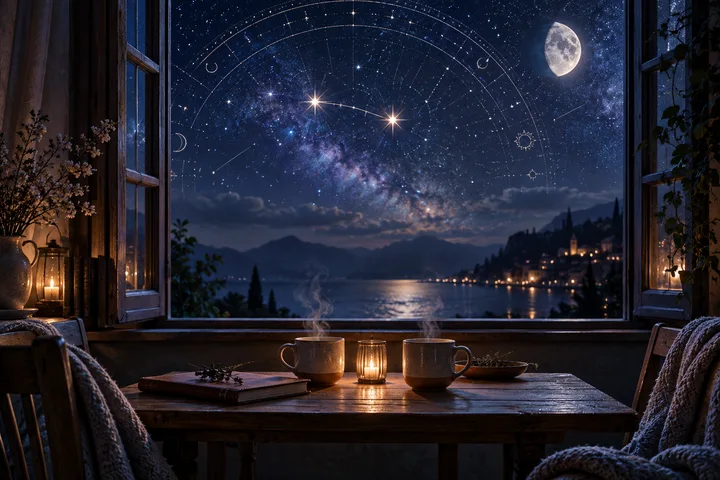 A moonlit indigo room with two warm cups on a wooden table, opening onto a star-filled lake view beneath an illustrative celestial arc.