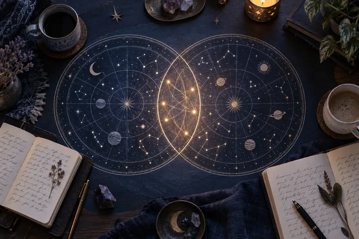 Two separate illustrative celestial maps overlap on an indigo tabletop, joined by a warm point of light between two cups and notebooks.