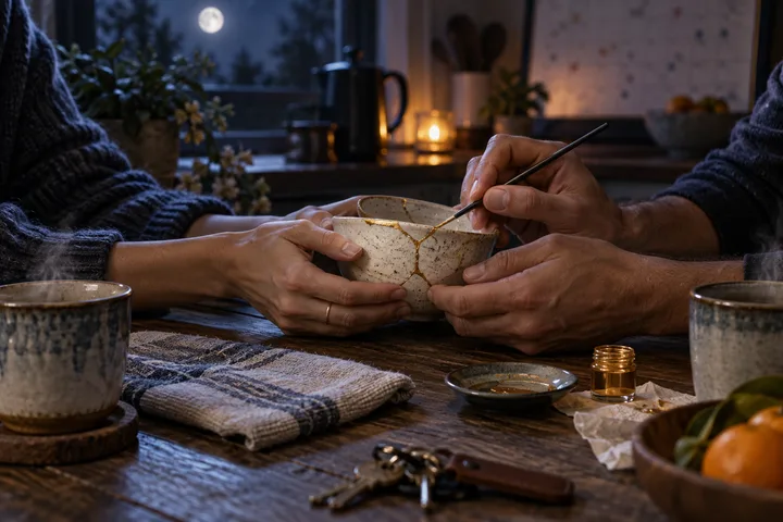 Two pairs of hands repair a cracked ceramic bowl with a fine gold seam on a moonlit kitchen table, surrounded by tea and everyday objects.