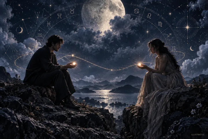 Moonlit indigo illustration of two figures facing each other beneath a luminous crescent moon and scattered stars, with a soft circular chart motif between them.