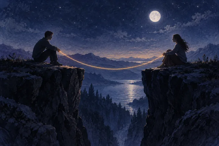 Moonlit indigo scene with two seated figures facing each other across a canyon, their separated silhouettes held in the same quiet celestial landscape.