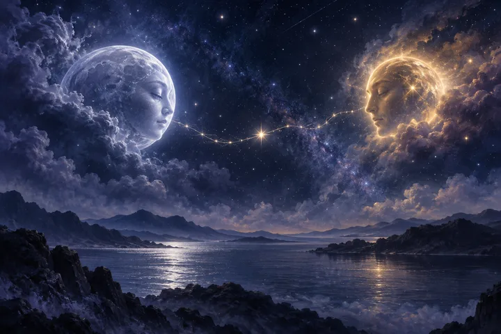Two luminous human faces formed from clouds face each other across a starry night sky above a mountain lake, with a thin line of stars between them.