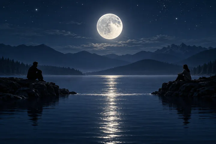 Two silhouetted people sit on opposite rocky shores of a quiet lake beneath a full moon, whose reflection stretches across the water.