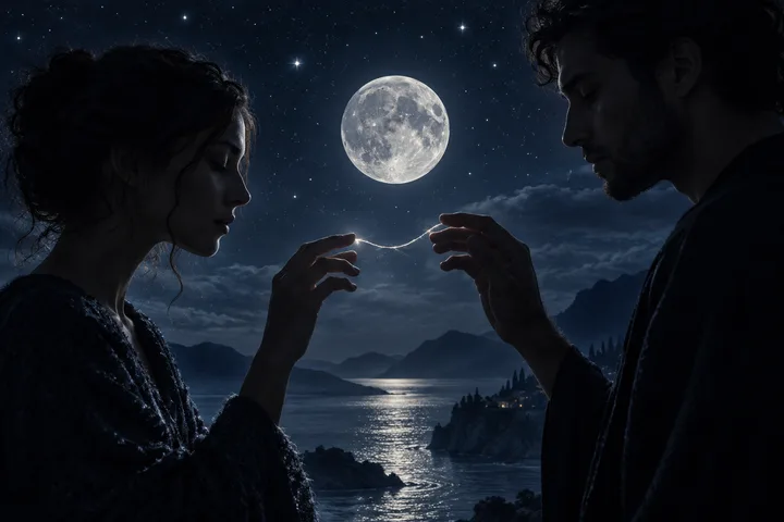 Two silhouetted people face each other and reach toward a small glowing thread between their hands, with a full moon and lake behind them.