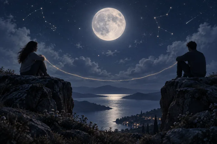 Two seated figures face one another across a moonlit lake, with an illustrative circular chart and zodiac figures beneath a crescent moon.