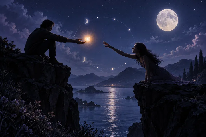 Two standing figures extend their hands toward each other beneath a full moon, connected by a glowing line over a mountain landscape.