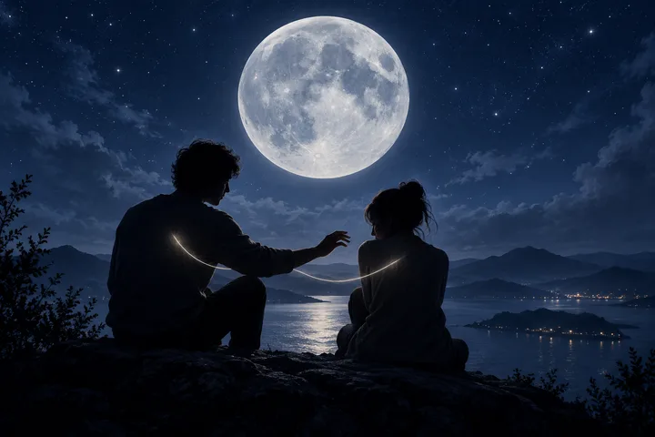 Close-up profiles of two people face each other beneath a crescent moon and stars, with a constellation-like line between them.