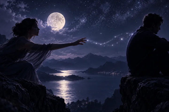 Two seated figures reach toward a glowing line beneath a large full moon, with smaller moons and orbit-like lines over the water.