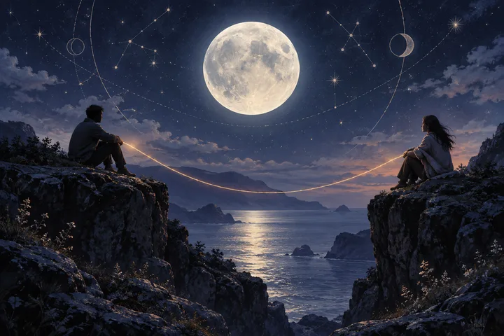Two people sit apart on moonlit cliffs above the sea, connected by a fine thread of warm light beneath a full moon and illustrative constellation lines.