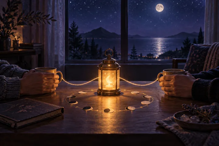 Two people hold cups at opposite sides of a table with a glowing lantern and connecting light thread between them, while a moonlit lake appears beyond the window.