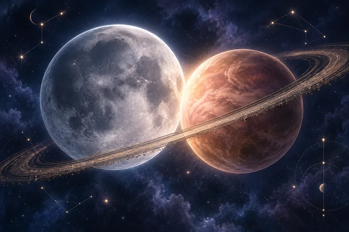 A silver moon and rose-gold planet-like orb meet in close celestial alignment, crossed by a luminous Saturn-like ring against an indigo star field.