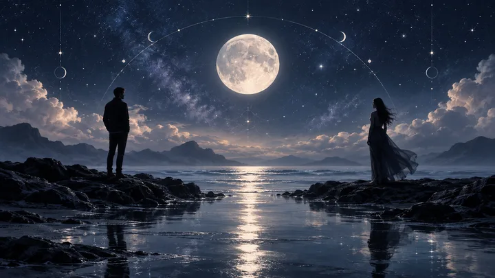 A moonlit ocean beneath a starry sky, with two large planets connected by glowing curved lines and surrounded by faint circular astronomical markings.