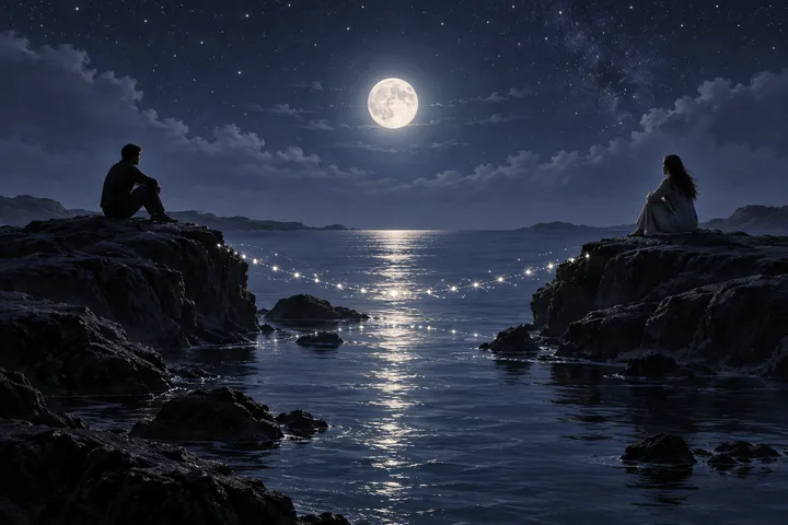 Two seated figures face each other on separate cliffs above a misty mountain lake, connected by a thin glowing line under a full moon.