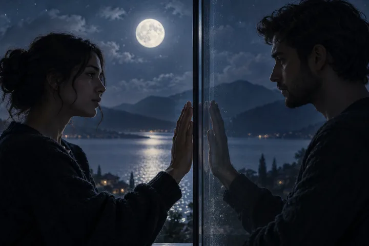 Two figures face each other across calm water at night, with a full moon, stars, mountains, and their reflections in the foreground.